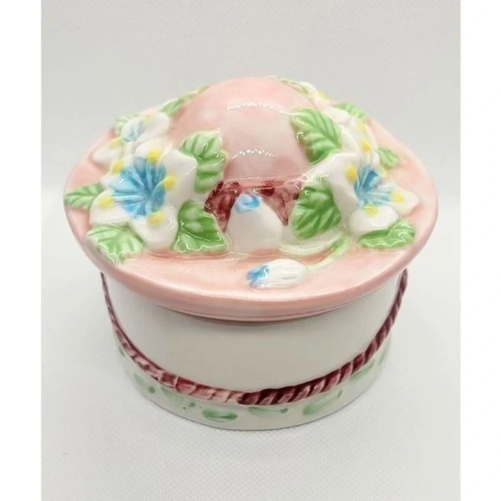Floral Trinket Box W/ Vtg Hat Shaped Lid